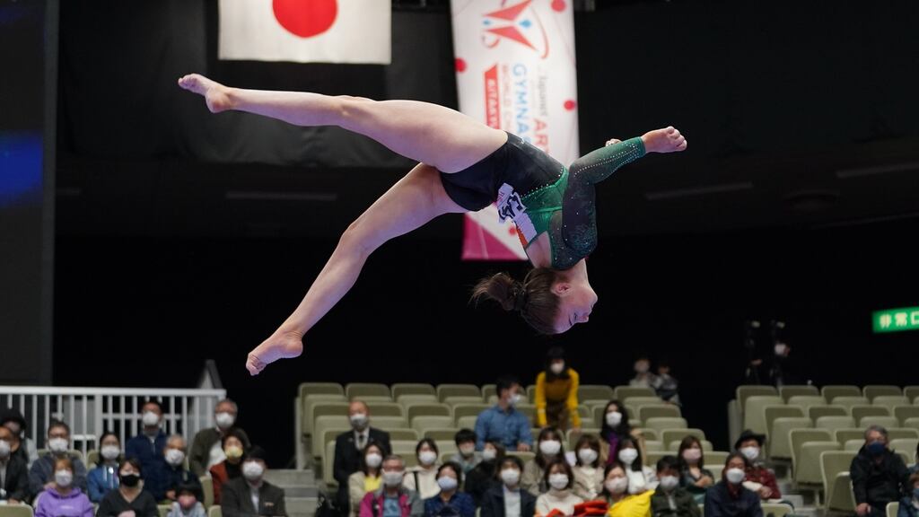 Ireland’s Emma Slevin competes in the balance beam during the women’s all-around final at the 50th FIG Artistic Gymnastics Championships at Kitakyushu General Gymnasium in Kitakyushu, Fukuoka, Japan. Photograph: Toru Hanai/Getty Images