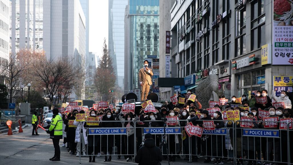 Bae In-kyu, head of Man on Solidarity, one of South Korea’s most active anti-feminist groups, leads a rally in Seoul on December 12th. Photograph: Woohae Cho/New York Times