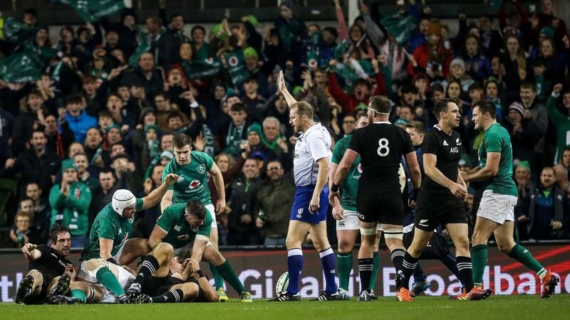 Ireland’s Peter O’Mahony is awarded a penalty by referee Wayne Barnes. Photograph: Gary Carr/Inpho