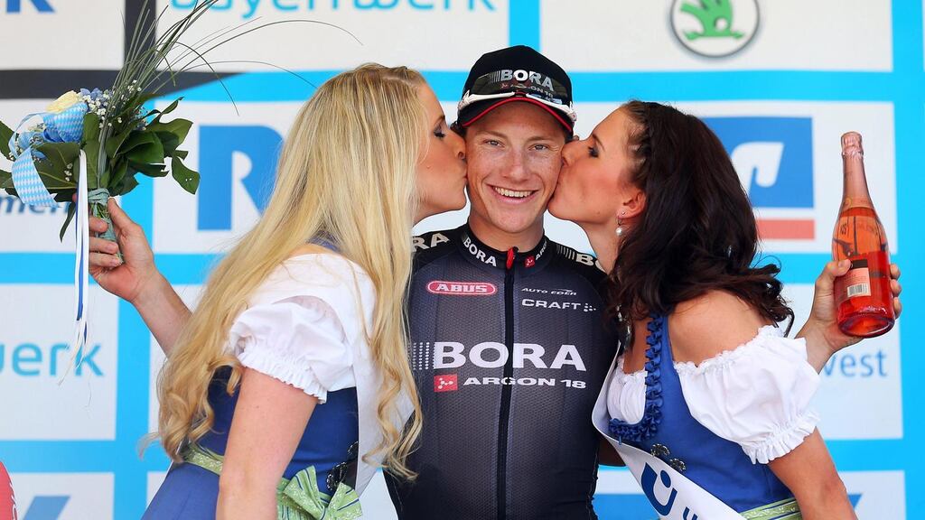 Irish rider Sam Bennett on the podium earlier this week. Of yesterday’s sprint he said: “I think I was about 10th when the sprint started. I moved up to fourth by the line, but needed to be closer before it began”