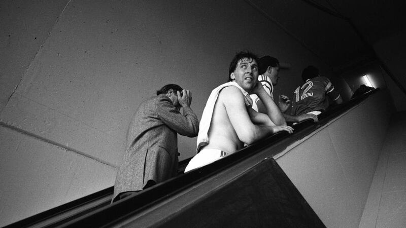 Euro 88: Jack Charlton and Tony Galvin after Ireland’s defeat by the Netherlands. Photograph: Billy Stickland/Inpho