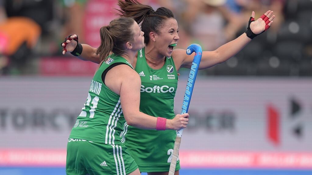 Ireland’s Anna O’Flanagan celebrates her goal against India with Lizzie Colvin at the Lee Valley Stadium in London. Photograph: Joe Toth/Inpho