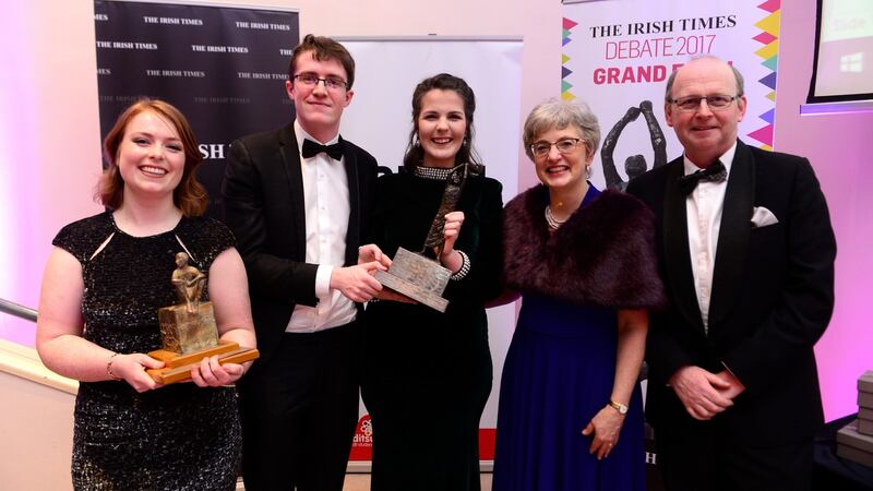 Winners in The Irish Times Debate 2017 grand final at Bolton Street College, left Leah Morgan SADSI, Dara Keenan and Aisling Tully UCD Law Society, with Minister for Children Katherine Zappone, chairperson and Irish Times Editor Kevin O Sullivan. Photograph: Cyril Byrne/The Irish Times