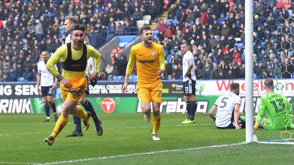 Preston North End’s Sean Maguire celebrates scoring his side’s second goal of the game during their Sky Bet Championship win over Bolton Wanderers at the Macron Stadium, Bolton. Photo: Dave Howarth/PA Wire