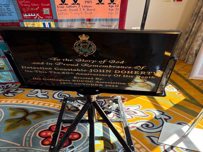 The defaced memorial stone to Donegal-born RUC officer John Doherty, who was killed by the IRA in October 1973 as he visited his elderly mother