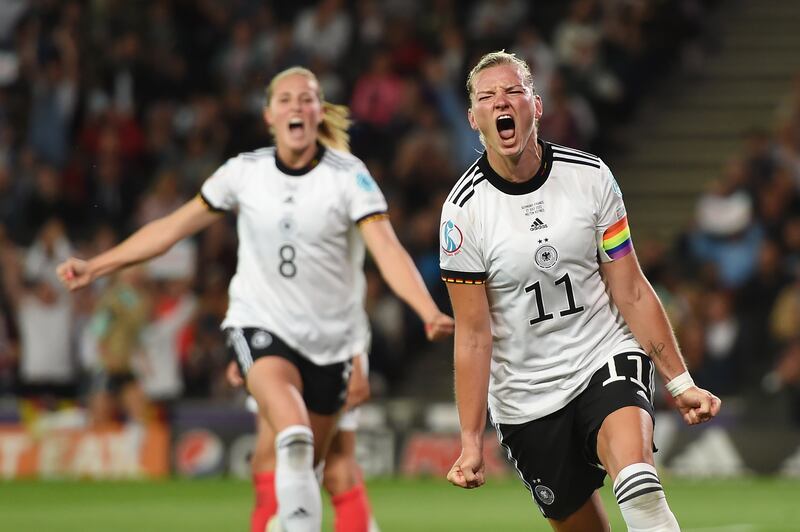 Alexandra Popp of Germany celebrates scoring their side's second goal during the Women's Euro 2022 semi-final against France at Stadium MK. Photograph: Harriet Lander/Getty Images