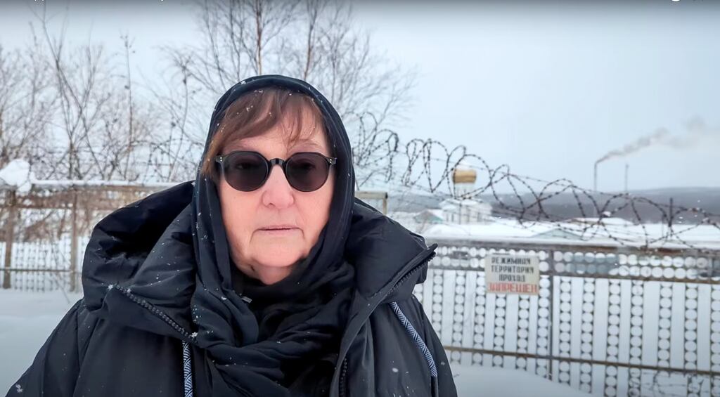 Alexei Navalny’s mother Lyudmila Navalnaya speaks near the prison colony where he died in the town of Kharp, Russia. Photograph: Navalny Team/AP