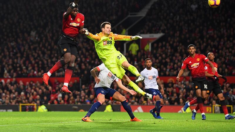 Pogba heads past Asmir Begovic for his and United’s second. Photo: Michael Regan/Getty Images