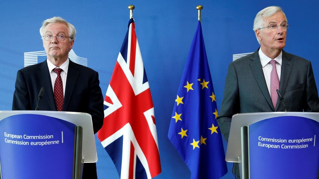 Britain’s Brexit secretary, David Davis (left), and the European Union’s chief Brexit negotiator, Michel Barnier. Photograph: François Lenoir/Reuters