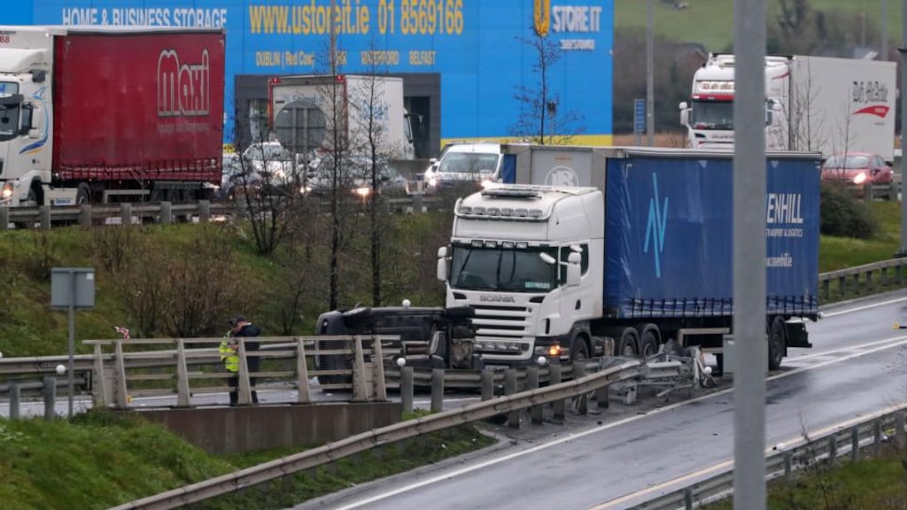 The scene of the collision between a car and a lorry on the M50 which claimed the life of Jackie Griffith Photograph: Colin Keegan/Collins