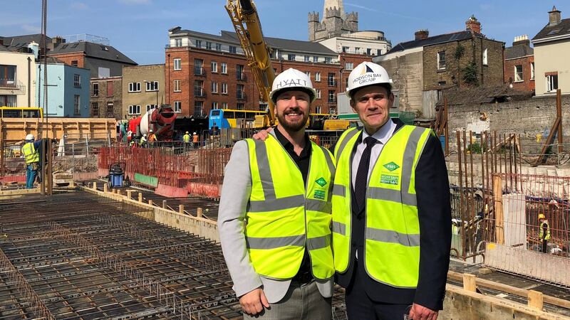 Jason Ballard, vice-president of Hyatt Europe, with Johnny O’Sullivan, director of Hodson Bay Group, at site of Hyatt’s new Dean Street hotel in Dublin’s Liberties.