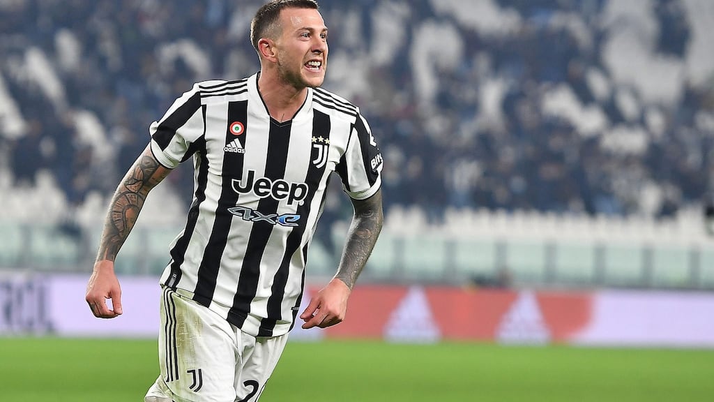 Federico Bernardeschi of Juventus celebrates after scoring against Cagliari Calcio in Turin on Tuesday. The Juventus kit is supplied by Adidas. Photograph: Allessandro Di Marco/EPA