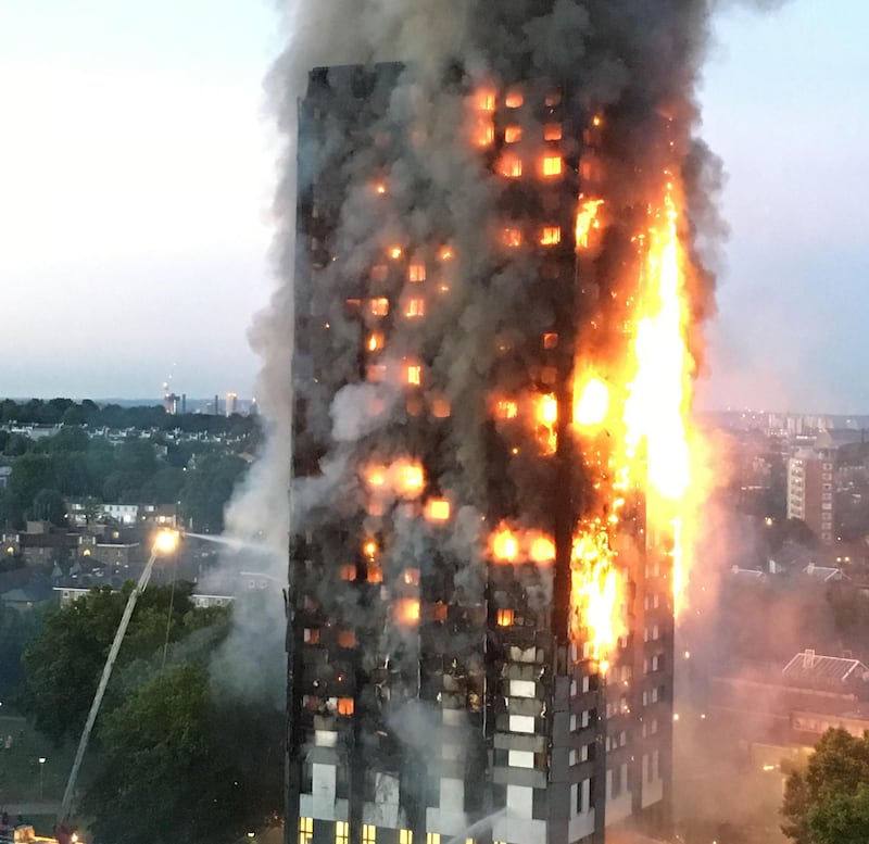 The Grenfell Tower in west London on fire on Wednesday in which at least 17 people have died and 70 are missing. Photograph: PA