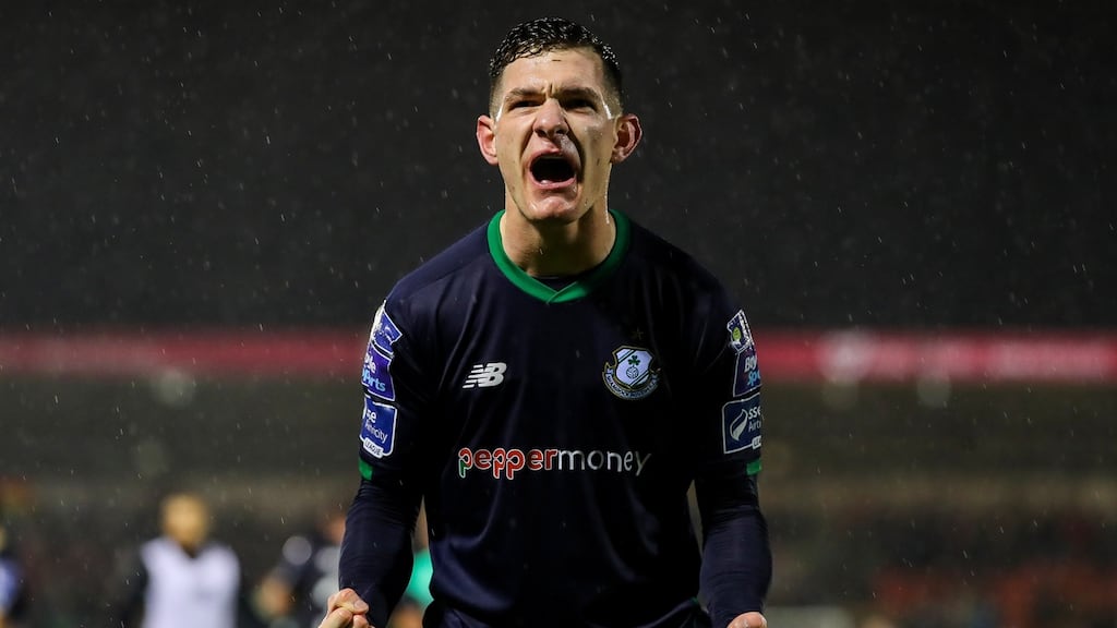 Shamrock Rovers’ Trevor Clarke celebrates after the game at Turner’s Cross. Photograph: Ryan Byrne/Inpho