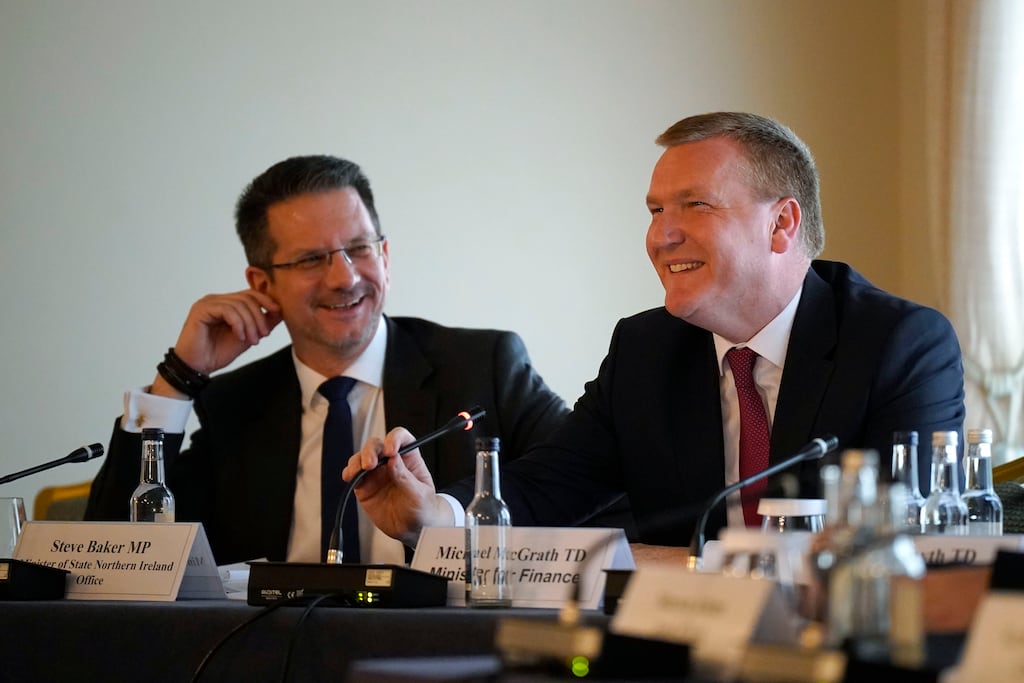 Northern Ireland Office minister Steve Baker and Minister for Finance Michael McGrath address the British-Irish Parliamentary Assembly at the K Club, Kildare. Photograph: Niall Carson/PA