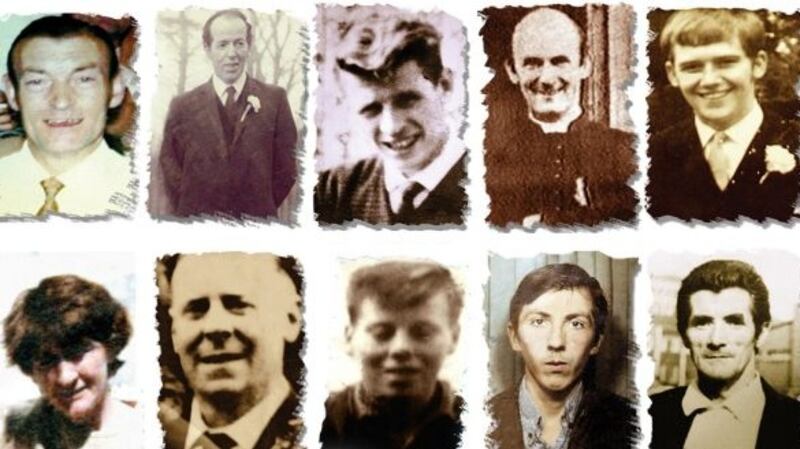 Clockwise from top left: Joseph Corr, Danny Taggart, Eddie Doherty, Fr Hugh Mullan, Frank Quinn, Paddy McCarthy, Joan Connolly, John McKerr, Noel Philips, John Laverty and Joseph Murphy, who were all gunshot victims of the Ballymurphy incidents in west Belfast in 1971. Photograph: PA