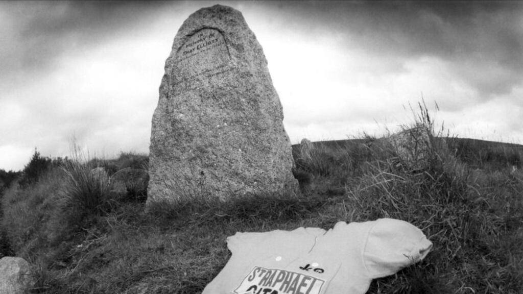 The Shay Elliot Memorial in the Wicklow Mountains, with the yellow jersey he wore in the 1963 Tour de France. Photograph: Billy Stickland/Inpho