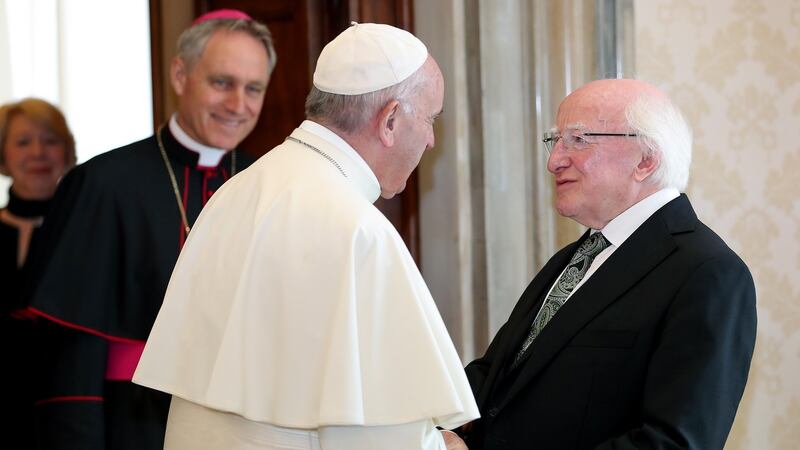 President Michael D Higgins (right) meets Pope Francis in the Vatican City Rome, on Monday. Photograph: Maxwells