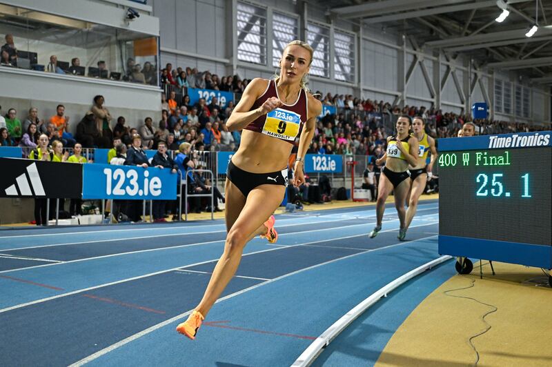 Sharlene Mawdsley of Newport AC on her way to winning the women's 400m final. Photograph: Sam Barnes/Sportsfile