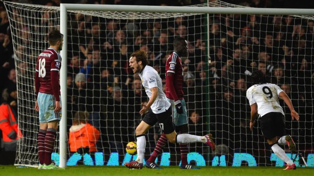 Daley Blind of Manchester United celebrates after scoring an injury-time equaliser aganist West Ham at the Boleyn Ground. Photograph: Mike Hewitt/Getty Images