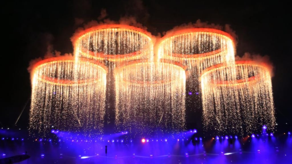 Fireworks light up the stadium during the Opening Ceremony of the London 2012 Olympic Games at the Olympic Stadium on July 27, 2012 in London, England. Photograph: Ian MacNicol/Getty Images