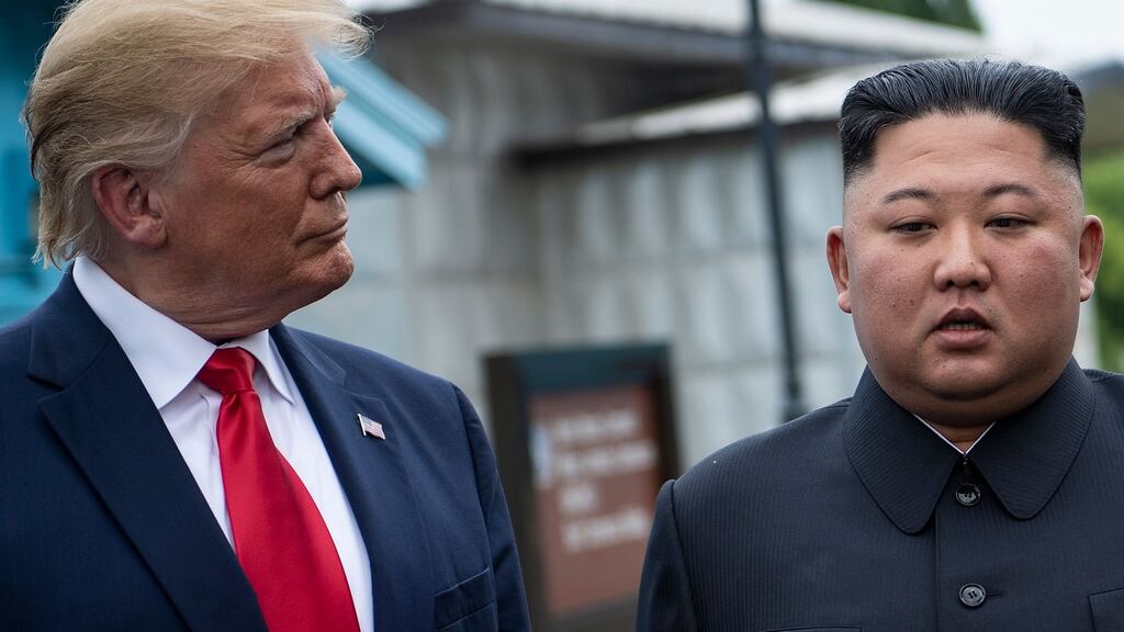 US president Donald Trump and North Korea’s leader Kim Jong-un during a meeting in the Demilitarized Zone in Panmunjom, Korea in June 2019. Photograph: Brendan Smialowski/AFP via Getty Images