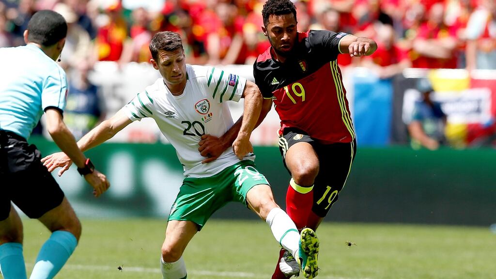 Wes Hoolahan battles with Belgium’s Mousa Dembele on a day when the Norwich playmaker’s influence was below its normal standard. Photograph: Rungroj Yongrit/EPA