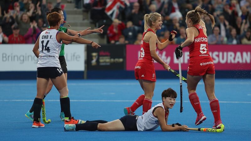 Sophie Bray of England celebrates scoring their first goal during the crossover game against Korea at the Women’s Hockey World Cup at Lee Valley Hockey and Tennis Centre in London. Photograph: Christopher Lee/Getty Images