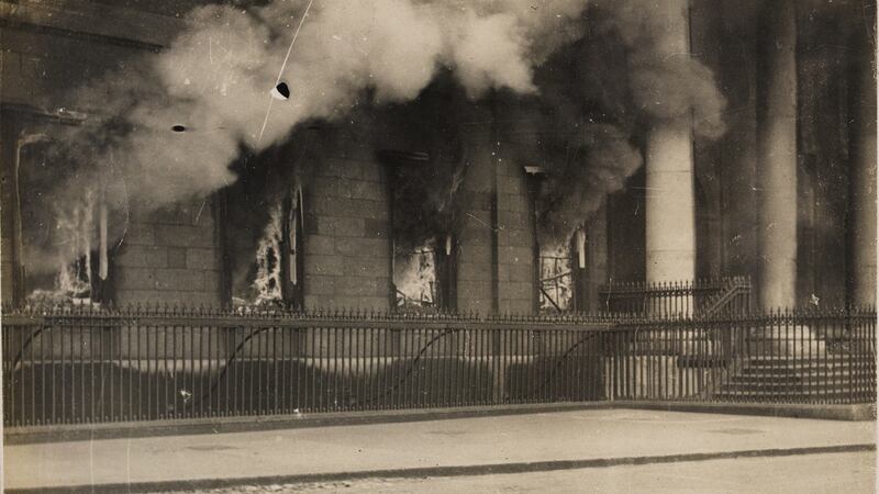 The Custom House blaze in May 1921. Photograph: WD Hogan/National Library of Ireland
