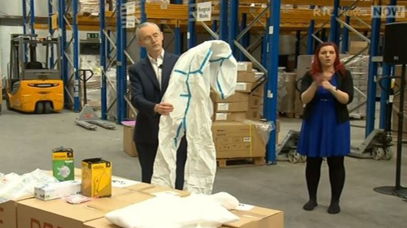 Prof Martin Cormican, HSE national clinical lead for healthcare associated infection and antimicrobial resistance showing some of the PPE delivered from China. Screengrab: RTÉ News Now