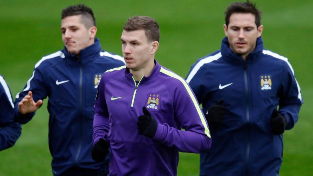 Manchester City’s Stevan Jovetic, Edin Dzeko and Frank Lampard warm up during a training session for the game against Roma. Photo: Phil Noble/Reuters