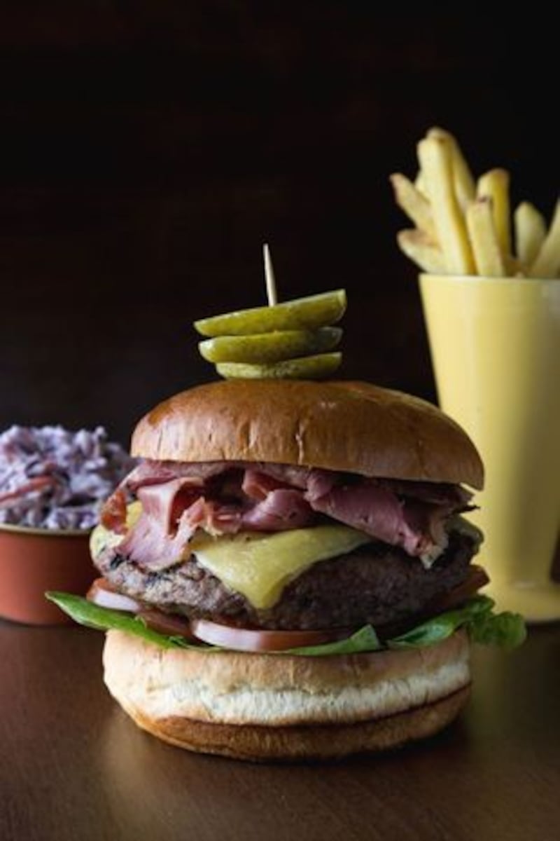 Simon Delaney's chuck beef burger with pastrami and Monterey Jack cheese