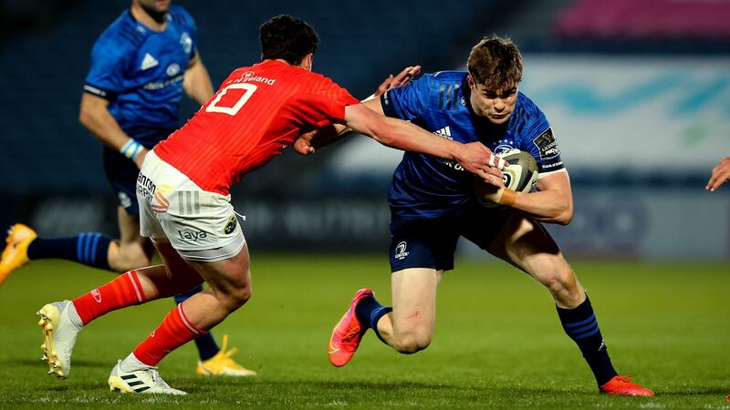 Joey Carbery tackles Garry Ringrose at the RDS. Photograph: Ryan Byrne/Inpho