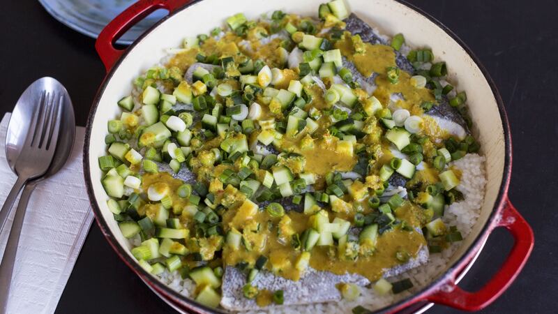 Hake steamed on a bed of sushi rice. Photograph: Emma Jervis