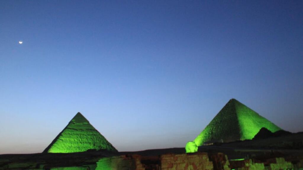 The Pyramids in Egypt go green for St Patrick’s Day. Photograph: Kevin Wolahan