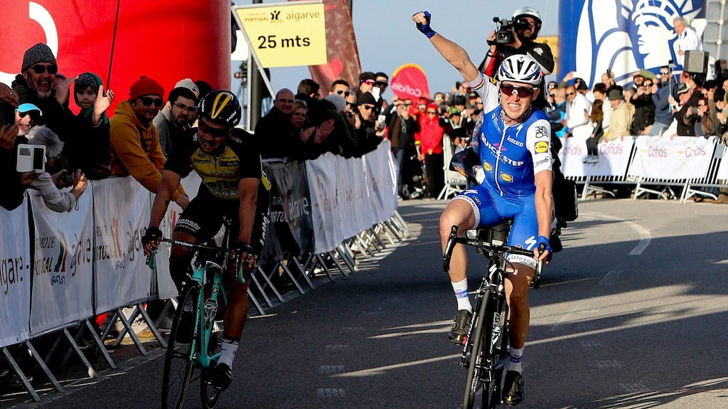 Ireland’s Daniel Martin of the team Quick-Step Floors cuts the finish line to win the second stage of the Algarve Tour cycling race, over 189.3km between Lagoa and Alto da Foia, Monchique, Portugal. Photograph: EPA