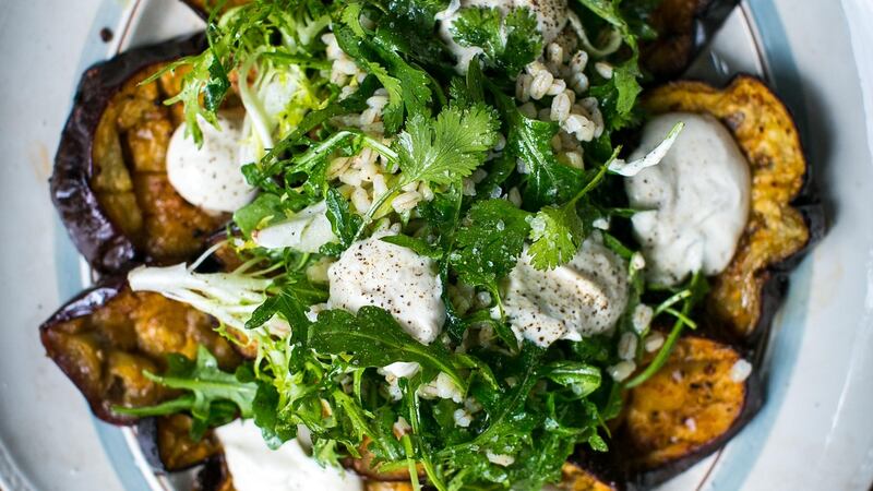 Roast aubergine, herb and nut salad