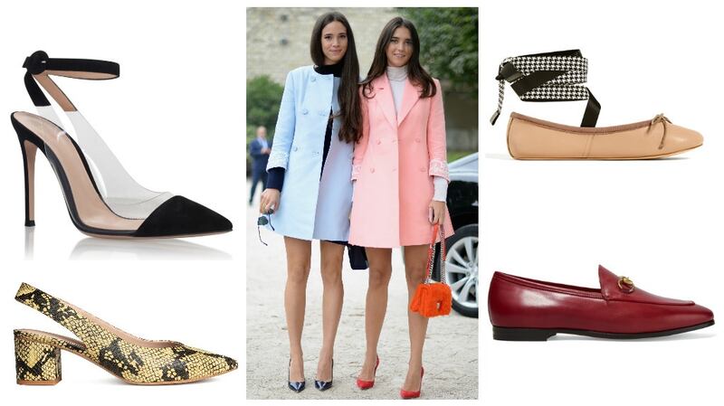 Clockwise from bottom left, H&M block heel, €29.95;  Gianvito Rossi slingback courts, €540 at Brown Thomas; street style at Paris Fashion Week; Zara ballet shoes, €29.95; Gucci loafers, €550 at Brown Thomas (also available in black)