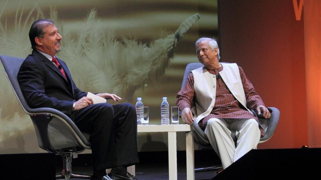 EY chief executive Mark Weinberger and social entrepreneur Muhammad Yunus, founder of Grameen Bank and 2006 Nobel Peace Prize recipient, at an event in Monaco today, in advance of the EY World Entrepreneur of the Year awards.