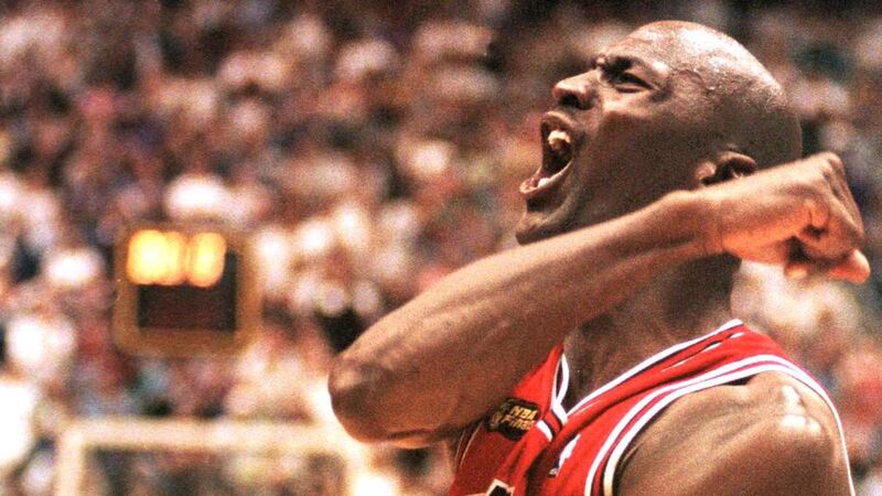 Michael Jordan celebrates winning his sixth NBA title after game six of the 1998 finals against Utah Jazz on June 14th at the Delta Center in Salt Lake City. Photograph: Robert Sullivan/AFP via Getty Images