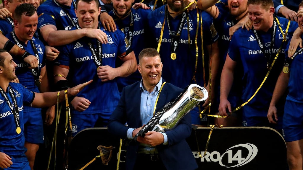 Seán O’Brien with the Pro 14 trophy after Leinster’s victory over Glasgow Warriors at Celtic Park back in May. Photograph: James Crombie/Inpho