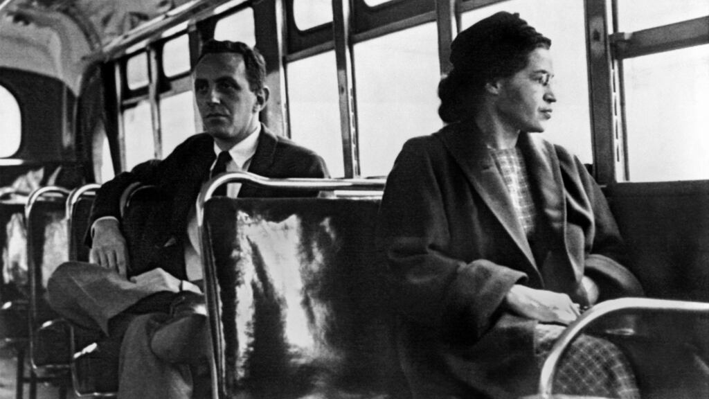 Rosa Parks seated toward the front of the bus, Montgomery, Alabama, 1956. Photograph: Underwood Archives/Getty Images.