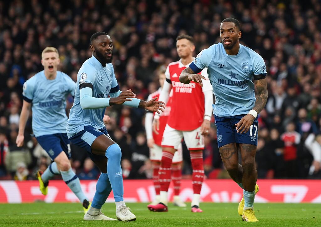 Ivan Toney scores Brentford's equaliser during the Premier League match against Arsenal at Emirates Stadium. Photograph: Shaun Botterill/Getty Images
