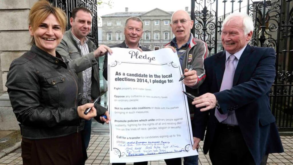 Representatives from the left-wing alliance, Nicola Curry of People Before Profit Alliance, Michael O’Brien of the Anti-Austerity Alliance, Pat Dunne with United Left Alliance, Brendan Young of Independent Community Solidarity and Mick Finnegan of the Workers Party, signing a transfer pact for the local elections. Photograph: Sam Boal/Photocall Ireland
