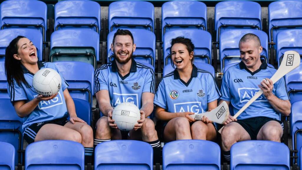Dublin players Sinead Goldrick (football), Philly McMahon, Ali Twomey (camogie) and David O’Callaghan (hurling) model the county’s new AIG-sponsored jersey at official launch of the the Dublin GAA season at Parnell Park yesterday. Photo: Stephen McCarthy/Sportsfile