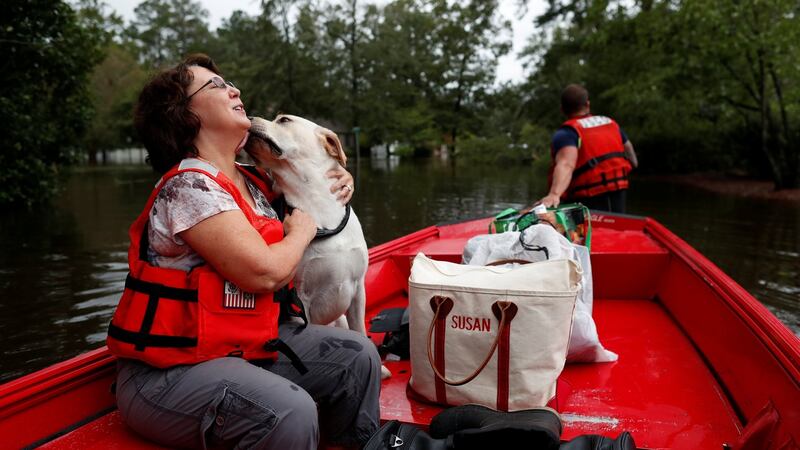 Susan Hedgpeth hugs her dog Cooper, as they go to higher ground via the United States Coast Guard during Tropical Storm Florence in Lumberton, North Carolina. Photograph: Randall Hill/Reuters.
