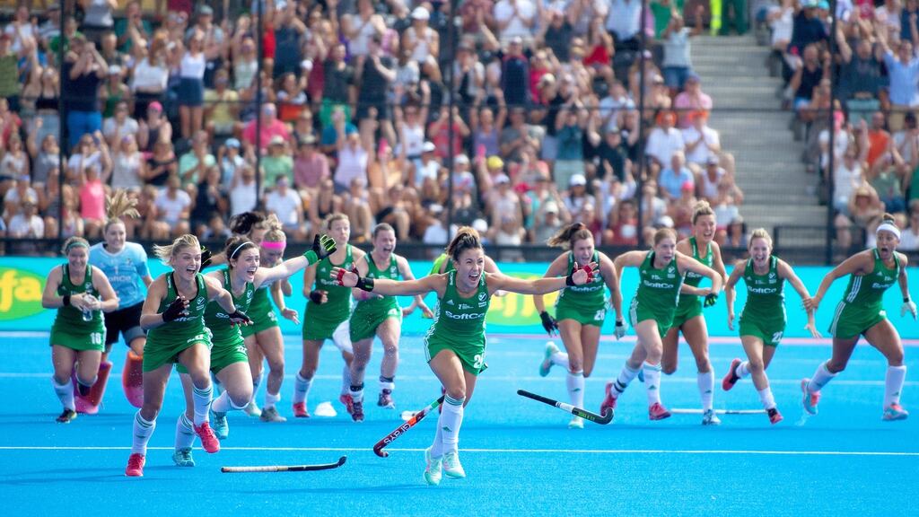 Ireland celebrate their shoot-out win over Spain. Photograph: Inpho/Sandra Mailer