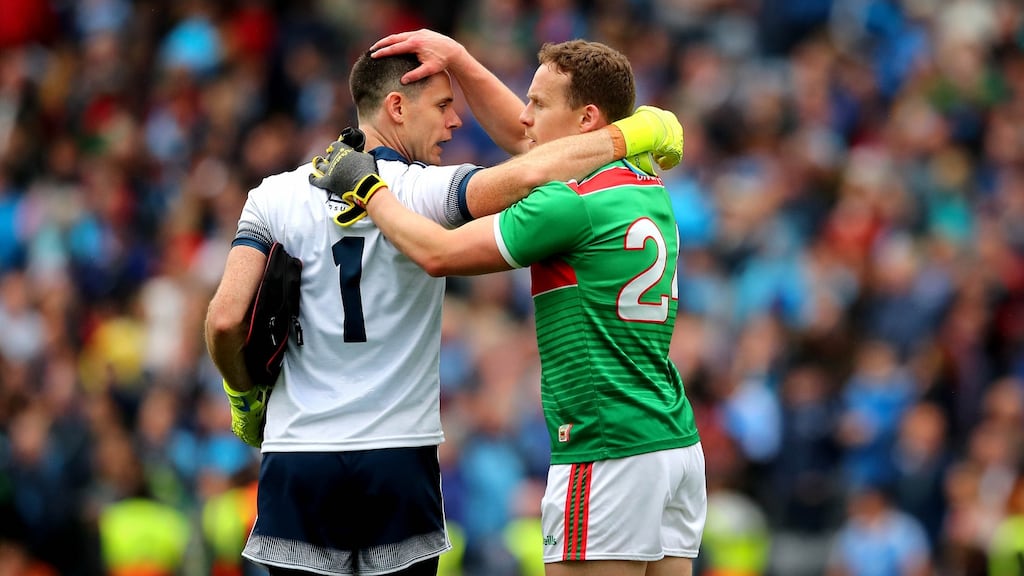Andy Moran and Dublin’s Stephen Cluxton after last year’s All-Ireland semi-final at Croke Park. Photograph: Ryan Byrne/Inpho