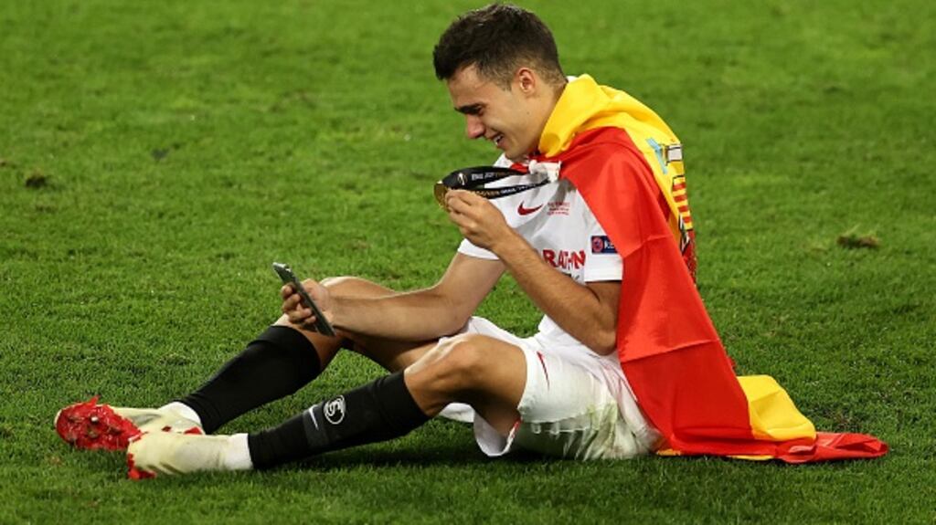 Sergio Reguilon celebrates with his Europa League medal during his loan spell at Sevilla last season. File photograph: Getty Images