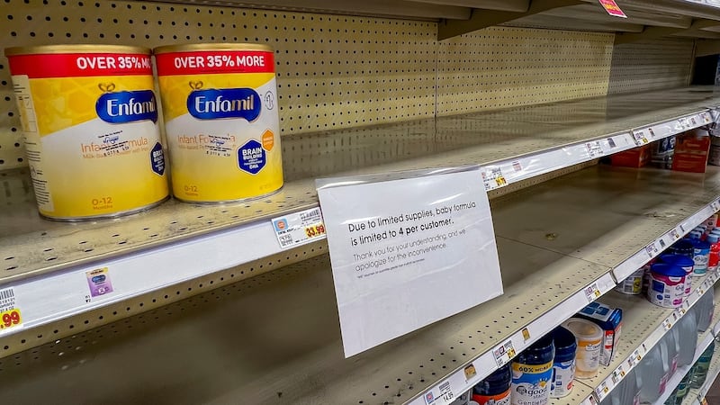 Empty shelves of infant formula at a Kroger supermarket in Decatur, Georgia, along with a sign reminding parents that supplie swill be rationed when they are available. Photograph: Erik Lesser/EPA
